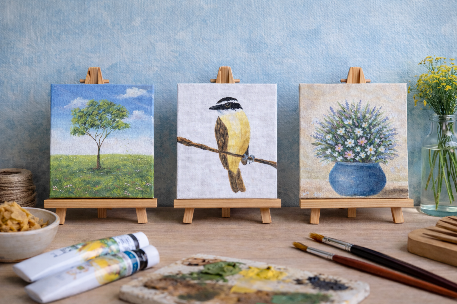 Três telas pintadas: árvore, bem-te-vi e vaso florido